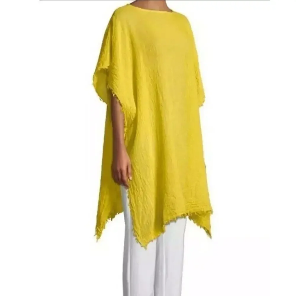 Eileen Fisher Yarow Lightweight Organic Cotton Poncho Yellow Frayed Edges OS